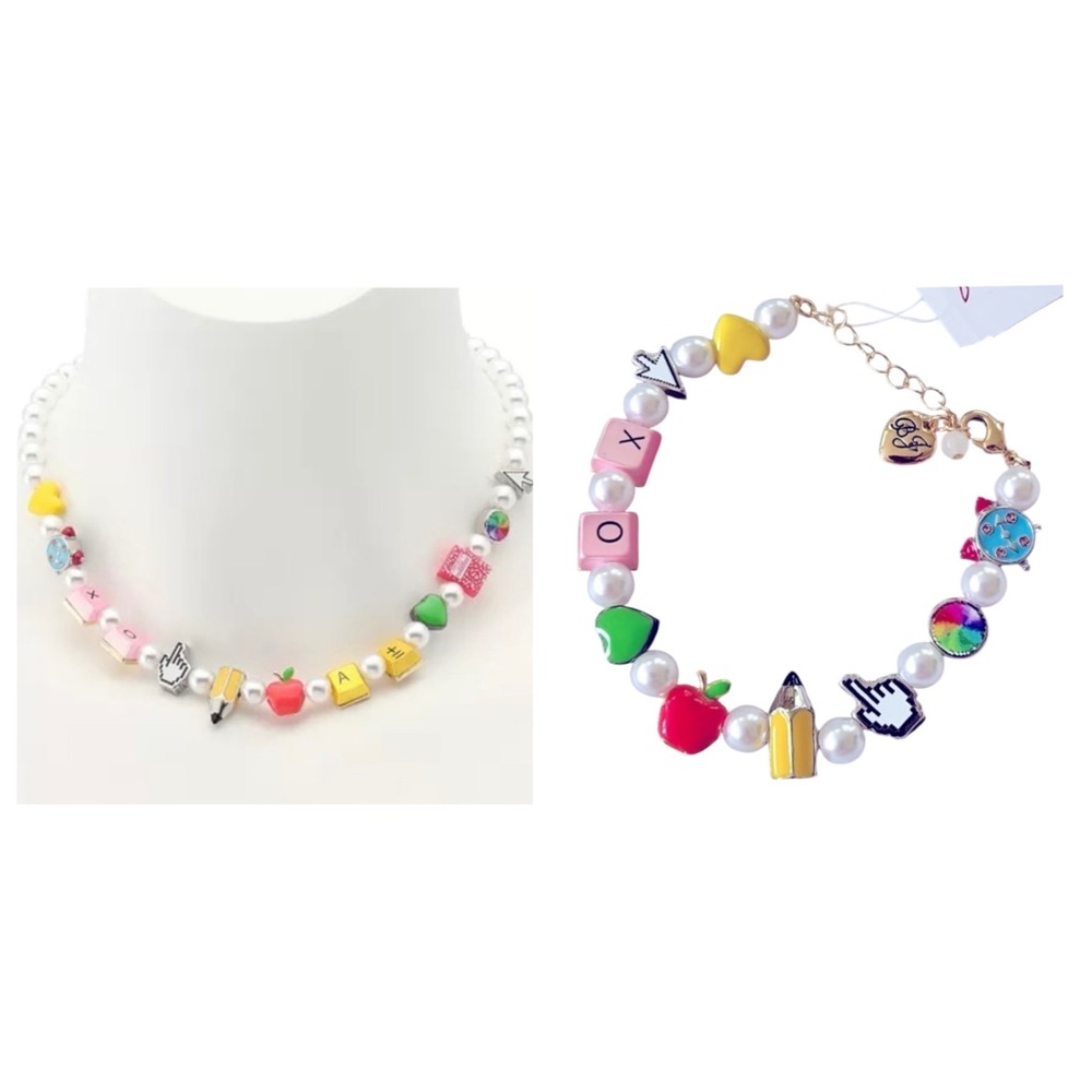 BETSEY JOHNSON SET Back to School Charm & Faux Pearl Necklace & Bracelet NEW NWT